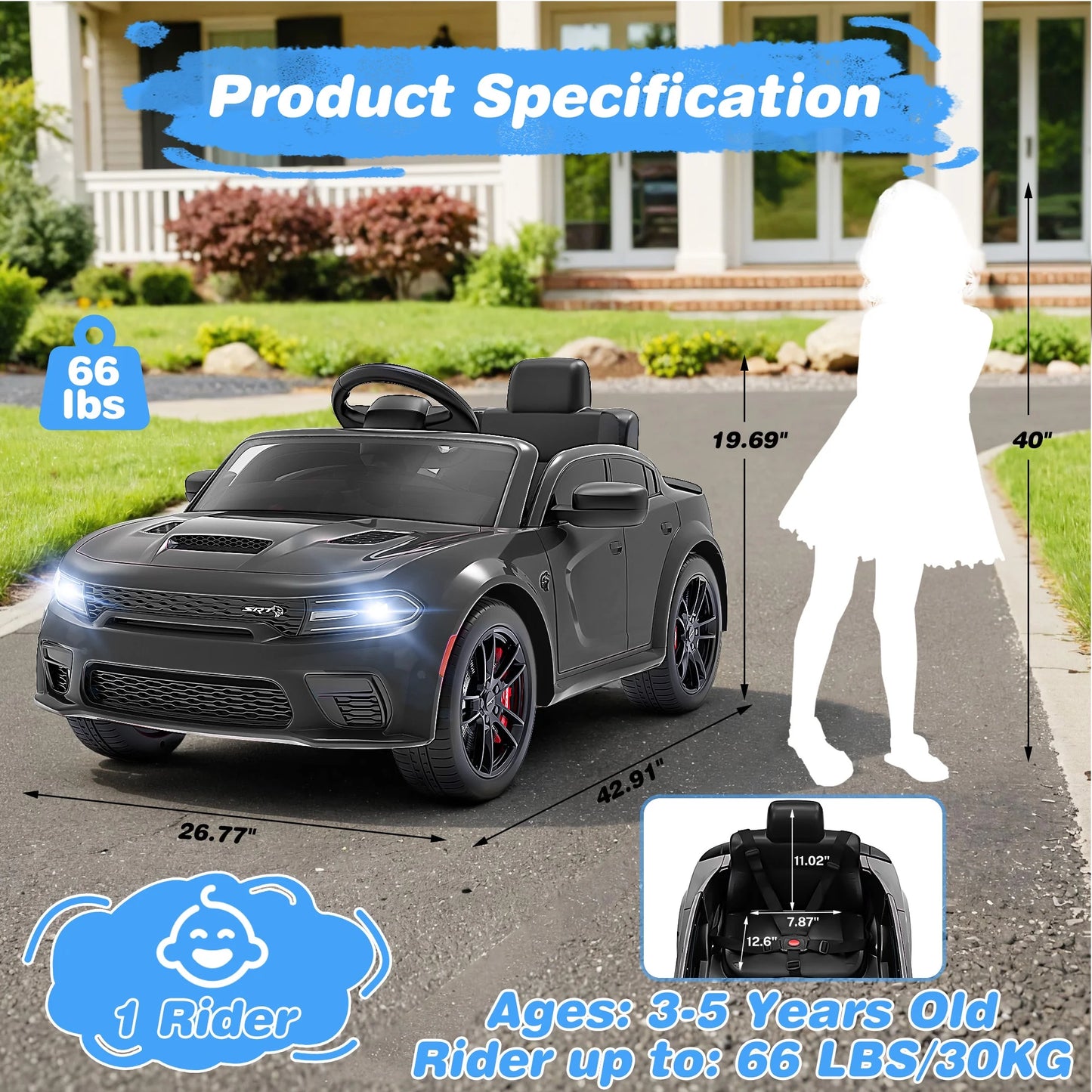 Dodge Electric Ride on Cars for Kids, 12V Licensed Dodge Charger SRT Powered Ride on Toys Cars with Parent Remote Control, Electric Car for Girls 3-5 W/Music Player/Led Headlights/Safety Belt, Black